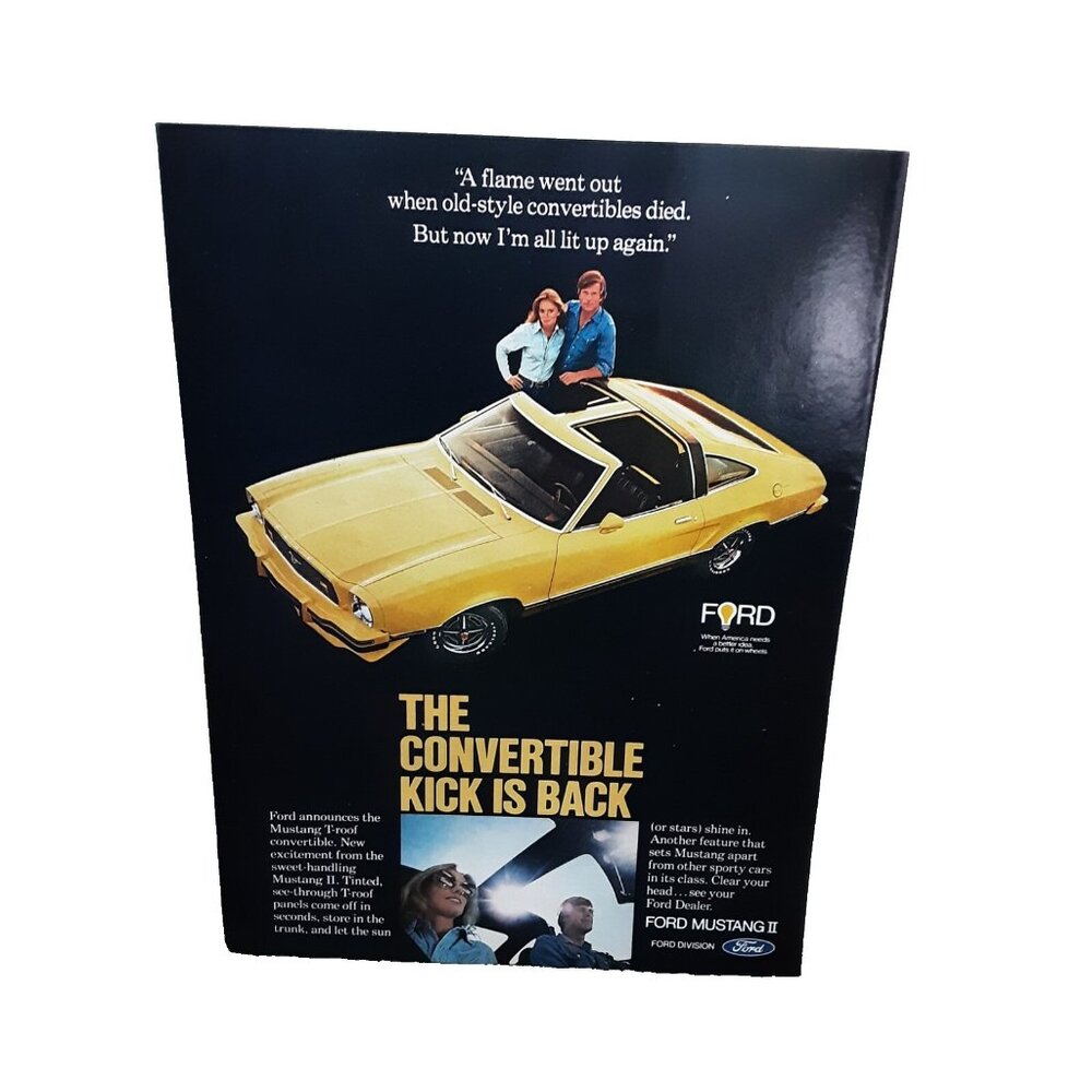 1977 Ford Mustang II T-Roof Convertible Yellow Car Original Print Ad vintage